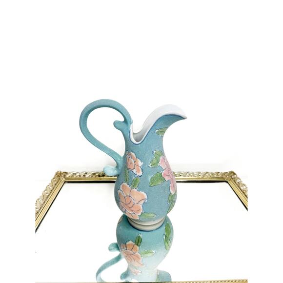 Vintage Glazed Sand Textured Botanical Roses Blue Ceramic Ewer Pitcher Vase - Picture 1 of 9